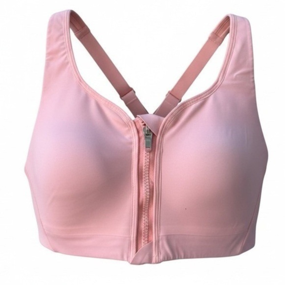 Athleta Womens Front Zip High Impact Sports Bra‎ Pink Adjustable Racerback L